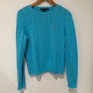Unisex Vintage Ralph Lauren Cable Knit Sweater in Rare Aqua Blue, Size L
